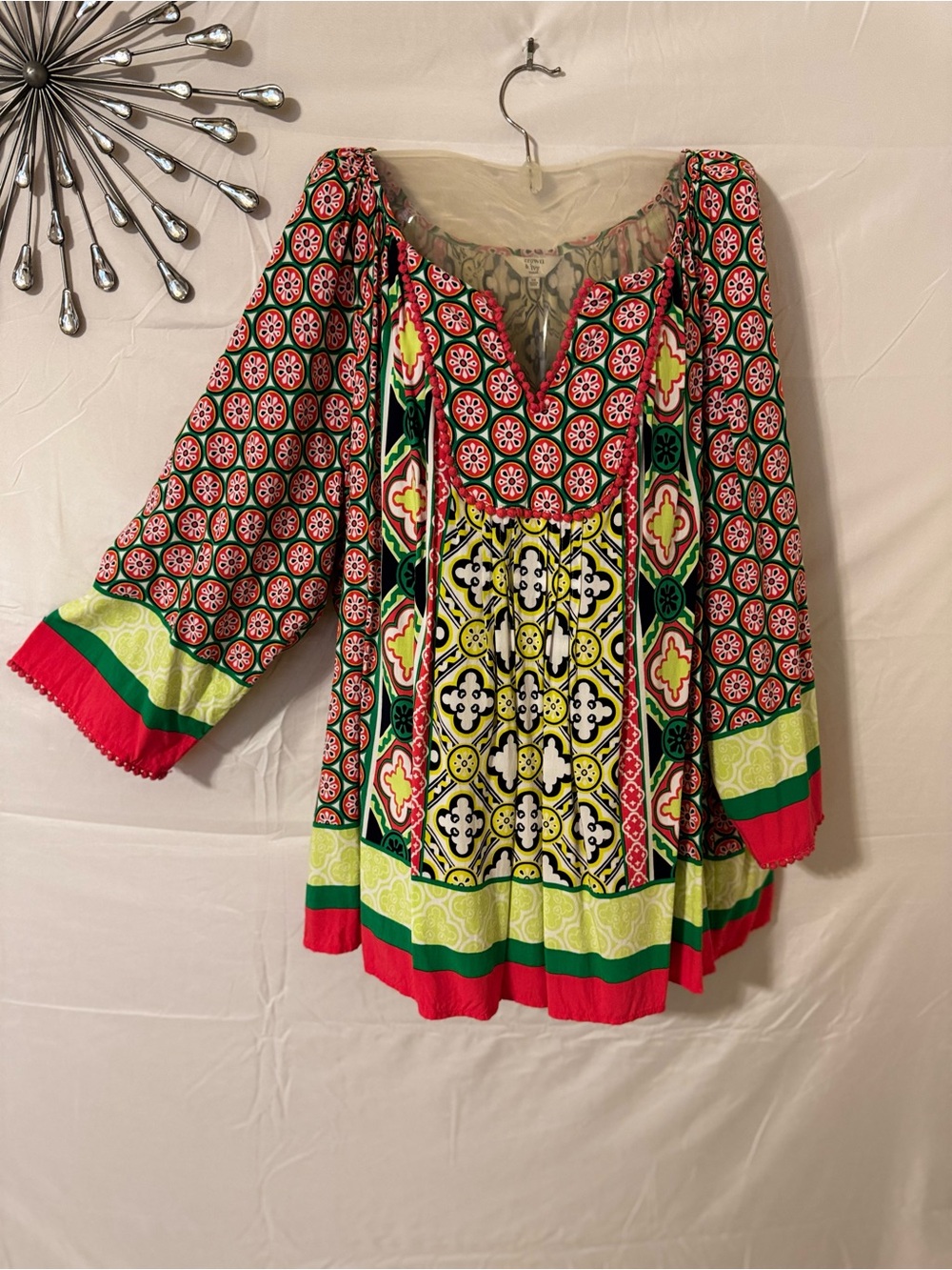 Women's Multi-Color Printed Preppy Peasant Top Pinky yellow green 3X
